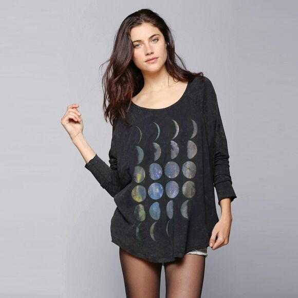 Project Social T Shirt Women S Relax Black Moon Phase Long Sleeve USA Boho Rock - Picture 1 of 11